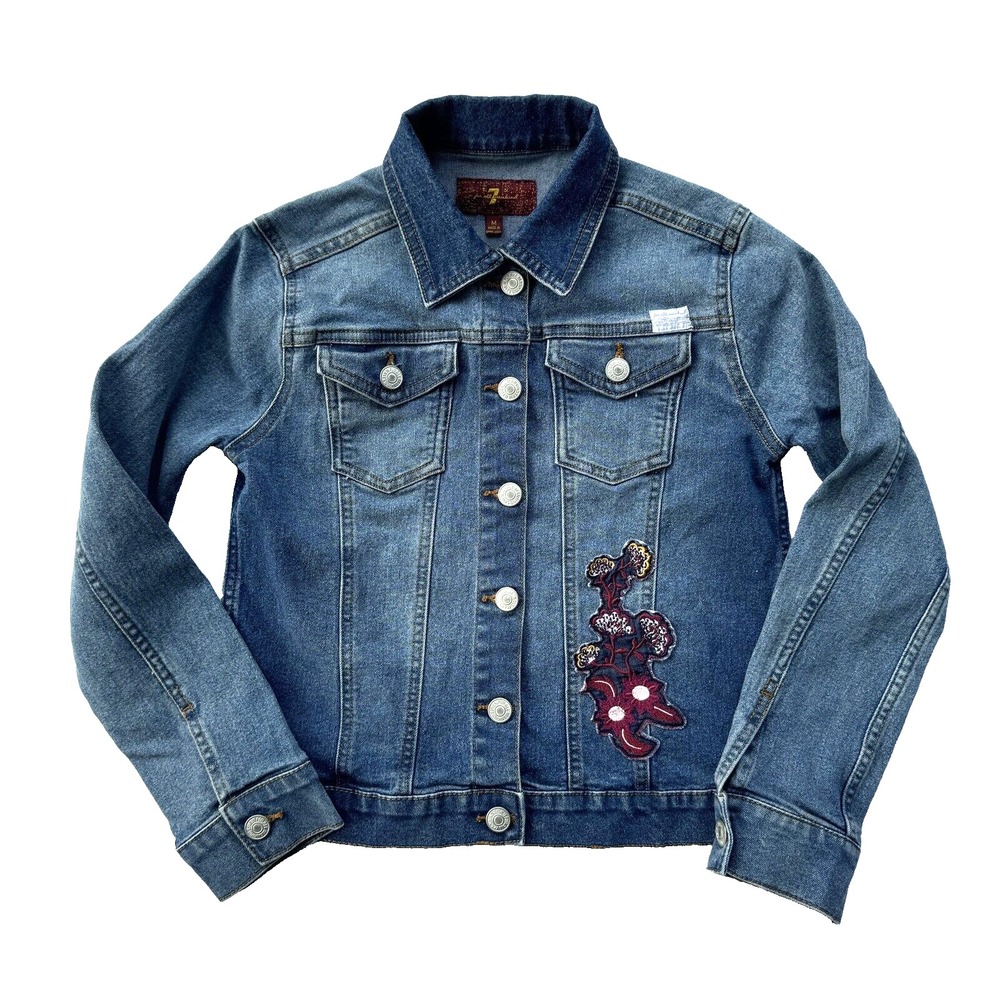 7 For All Mankind Floral Embroidered Denim Jacket Girls Size M Blue Medium Wash